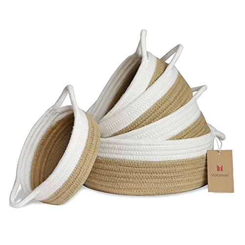 Voil mart Cotton Rope Basket Set of 5,Rope Basket with Handles,Woven Storage Basket,White and Jute Decorative Toy Baskets Setfor Baby Nursery toys, Remote, Controls, Phone, Stationary, Makeup