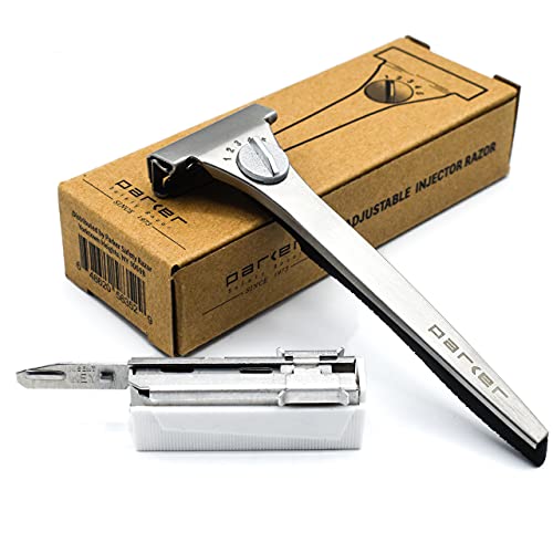 Parker Safety Razor, Parker’s Adjustable Injector Razor – Single Edge Adjustable Safety Razor – 20 Parker Injector Razor Blades Included – Customize your shave with a turn of the dial