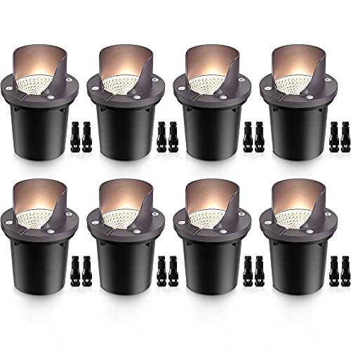 SUNVIE 12W Low Voltage Landscape Lights Waterproof Outdoor In-Ground Lights Shielded LED Well Lights 12V-24V Warm White Landscape Lighting for Pathway Garden Fence Deck, 8 Pack with Wire Connectors