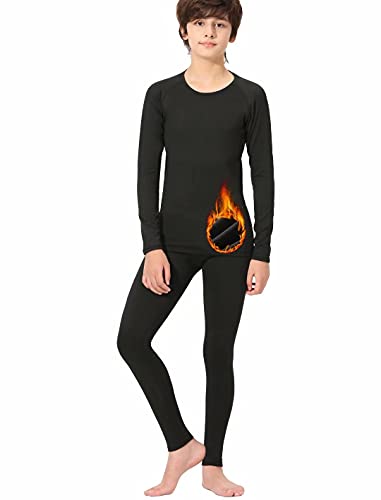 Youth Boys’ Thermal Underwear Set Compression Shirt Leggings Sports Tights Fleece Lined Pants Big Kids’ Base Layer S