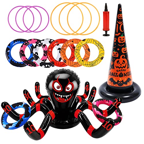 15Pcs Halloween Games Inflatable Witch Hat Spider Ring Toss Game with 12 Rings and Pump Halloween Ring Toss Game Set Gift for Kids Adults