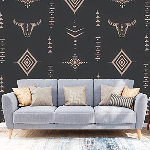 Wallpaper Peel and Stick Boho Seamless Pattern Bull Skull with Horns Ethnic Arrangement on Large Wall Mural Removable Sticker Vinyl Film Covering Self Adhesive Decoration for Living Room