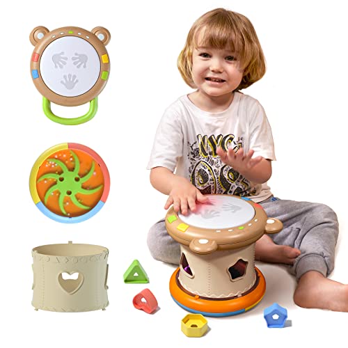 TUMAMA Baby Drum 3 in1, Baby Light Up Toys with Sounds, Musical Toys for Toddlers 1-3, Baby Musical Toys for Girls Boys, Brown Kids Drum