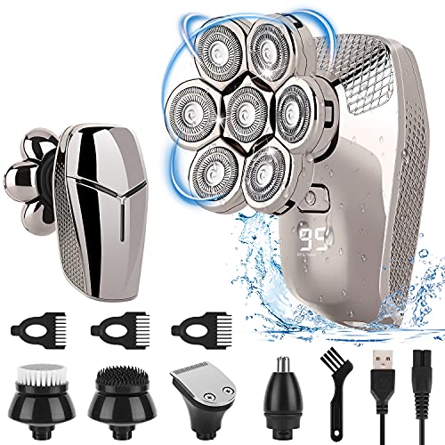 Head Shavers for Bald Men,7D Rechargeable Rotary Wet/Dry Shaver with Lithium-Ion Battery and Cordless USB – Hair Trimmers for Men Grooming Kit, Silver