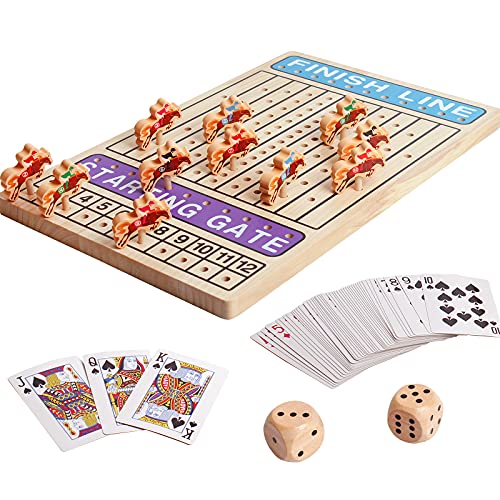 BEAUAM Horse Racing Game Wooden Challenge Toy Poker Board Game with 11 Durable Horses Dice & Cards for Kids Family Game Brain Teaser Gamble Game Chess