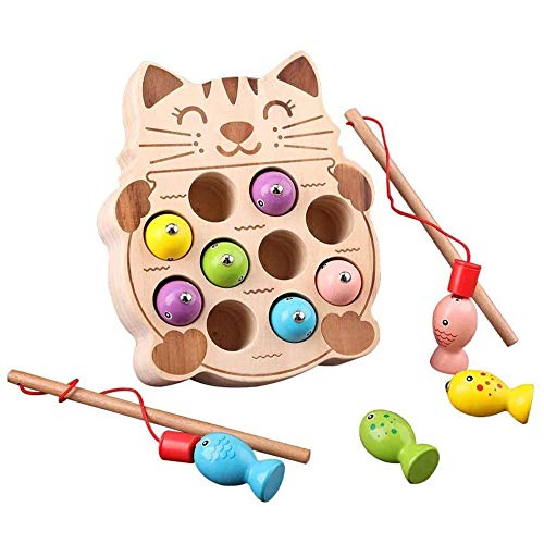 Wooden Fishing Game Montessori Toys for Toddlers Magnetic Cat-Shape Fishing Toy Fine Motor Skill Learning with Fishing Pole Fishes Preschool Gifts for Kids Children