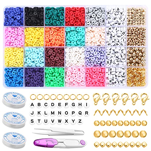 TKUAMIGO Clay Beads, 4000 PCS Flat Round Polymer Clay Spacer Beads with Charms and String, 6mm Clay Heishi Bead for Jewelry Making Preppy, DIY Bracelet Making Kit