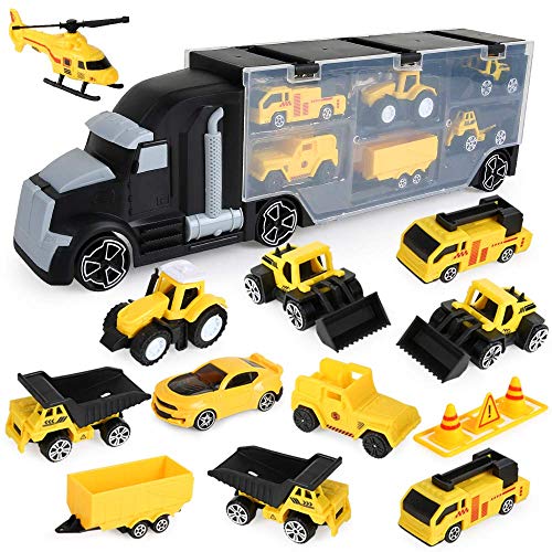 Aomola 12 in 1 Engineering Construction Truck Transport Car Carrier, Truck Learning Toys Play Vehicles Car Gifts Set for Kids Boys Girls