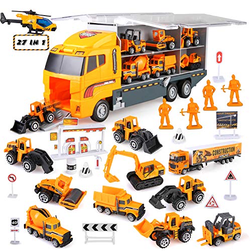 Aomola 27 in 1 Engineering Construction Truck Car Toy Set, Alloy Transport Truck with Workers and Road Signs, Play Vehicles in Carrier Gifts for 3+ Kids Boys and Girls
