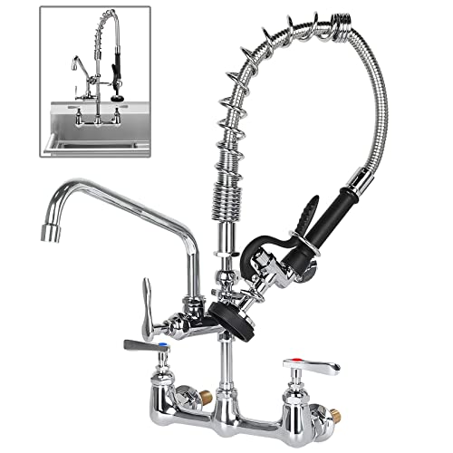 KOLLNIUN Commercial Sink Kitchen Faucet with Sprayer, 8 Inch Center Wall Mount Pre-Rinse Faucet 25” Height with 12” Swivel Spout Commercial Compartment Sink Faucet for Restaurant Industrial