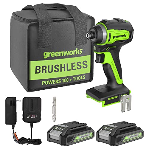 Greenworks 24V Cordless Impact Driver Kit, 1/4-inch Hex, 1950 in./lbs Torque, Variable Speed Brushless Impact Drill/Driver Set, 2 Batteries & Adapter charger, Bits and Tool Bag Included