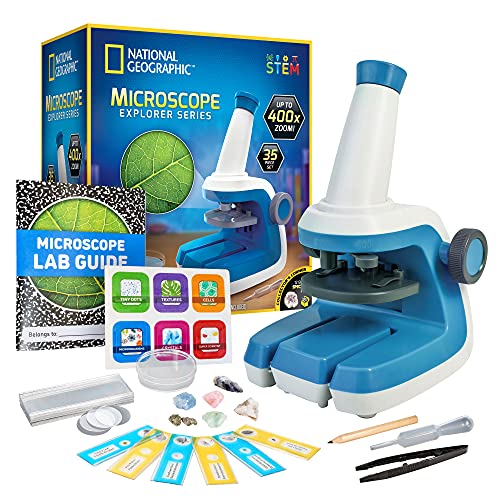 NATIONAL GEOGRAPHIC Microscope for Kids – STEM Kit with an Easy-to-Use Kids Microscope, Up to 400x Zoom, Blank and Prepared Slides, Rock and Mineral Specimens, and More, Great Science Project Set