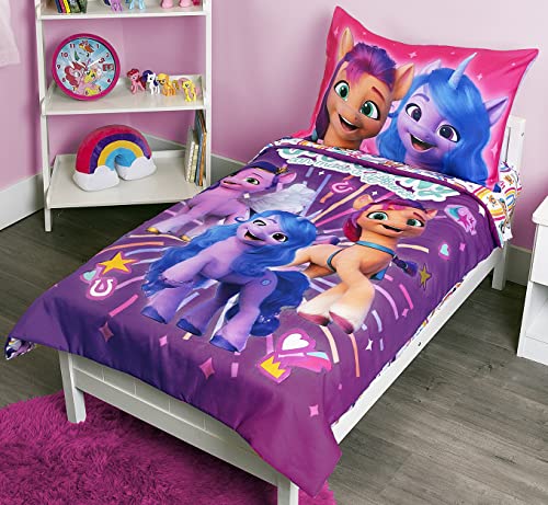 My Little Pony Every Pony Can Make a Difference 4-Piece Toddler Bedding Set – Includes Quilted Comforter, Fitted Sheet, Top Sheet, and Pillow Case, Pink + Purple for Toddler Girls Bed, 28″ x 52″