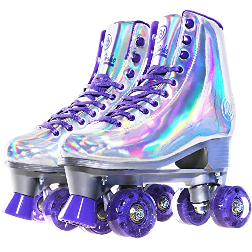 JajaHoho Roller Skates for Women, Holographic Silver High Top PU Leather Rollerskates, Shiny Double-Row Purple Four Wheels Quad Skates for Girls and Age 8-50 Indoor Outdoor, Size 7