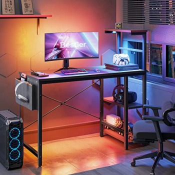 Bestier Computer Desk with LED Lights, Gaming Desk with 4 Tiers Shelves, 44 Inch Office Desk with Storage Bag & Printer Shelf (Black Grained) | The Storepaperoomates Retail Market - Fast Affordable Shopping