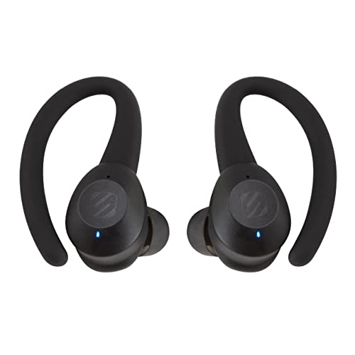 Scosche BTTWS2-SP2 ThudBuds Rechargeable Bluetooth 5.0 True Wireless Black Earbuds, Magnetic Sport Clips, Wireless Charging Case, USB-C Cable Black