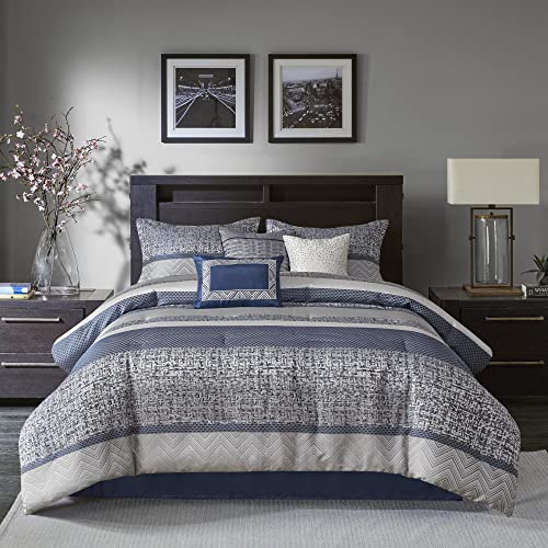 Madison Park Luxury Comforter Set-Traditional Jacquard Design All Season Down Alternative Bedding, Matching Bedskirt, Decorative Pillows, Queen(90″x90″), Rhapsody, Geometric Navy 7 Piece