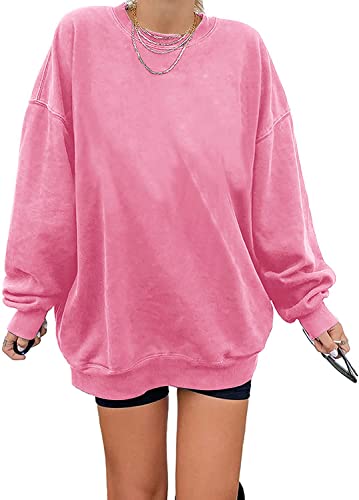 Women’s Oversized Long Sleeve Sweatshirts Pure Color Round Neck Casual Pullover Shirt Pink