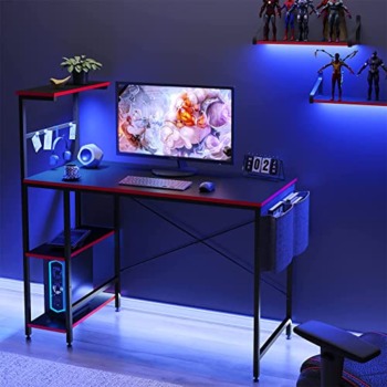 Bestier Gaming Desk with LED Lights, Computer Desk with 4 Tiers Shelves, 44 Inch Office Desk with Storage Bag & Printer Shelf (Black Carbon Fiber) | The Storepaperoomates Retail Market - Fast Affordable Shopping