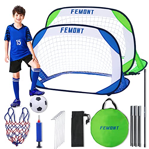 Femont Folding Pop Up Soccer Goals Set,2 Packs Portable Soccer Nets with Carrying Bag, Soccer Ball with Soccer Ball Net Bag, Football Gates for Kids for Indoor Outdoor Games Practice Training