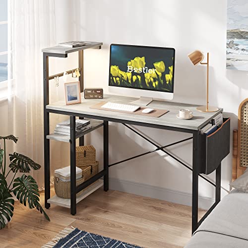 Bestier Computer Desk with 4 Tiers Shelves, Gaming Desk with LED Lights, 44 Inch Office Desk with Storage Bag & Printer Shelf (Retro Grey Oak) | The Storepaperoomates Retail Market - Fast Affordable Shopping