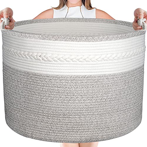 Large Cotton Rope Basket – 24″ x 24″ X 18″ Blanket Storage Basket, Woven Baby Laundry Basket with Built-in Handles for Blanket Storage, Nursery Basket Soft Storage Bins (Brown)