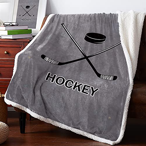 IDOWMAT Sherpa Fleece Blanket 50×60 in | Fluffy & Soft Plush Reversible Sherpa Blanket for Couch Bed Flannel Warm Kids/Adult Blanket | Hockey on Retro Gray Background Throw Blanket for All Seasons