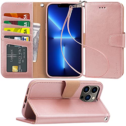 Arae Compatible with iPhone 13 Pro Max Case Wallet Flip Cover with Card Holder and Wrist Strap for iPhone 13 Pro Max 6.7 inch-Rose Gold