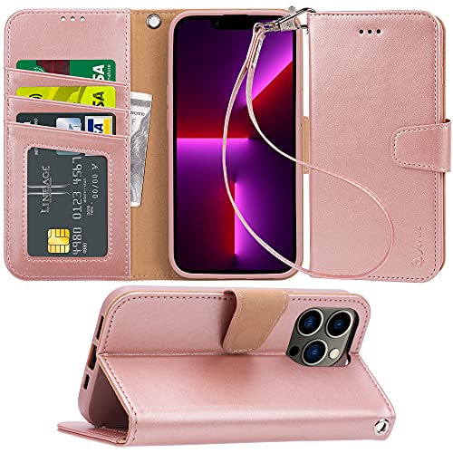 Arae Compatible with iPhone 13 Pro Case Wallet Flip Cover with Card Holder and Wrist Strap for iPhone 13 Pro 6.1 inch-Rose Gold