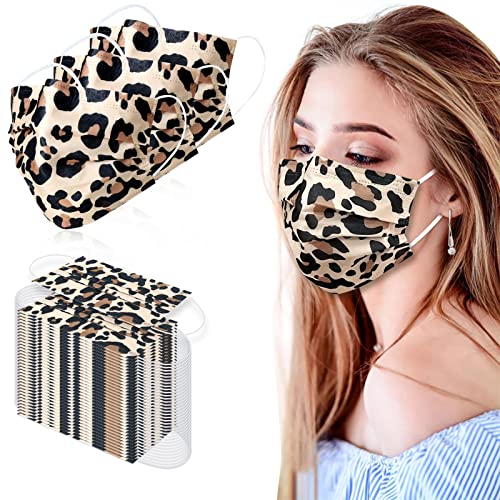 100 Pcs Disposable Face Masks – 3-layer Breathable Safety Masks, Comfortable Protective Mouth Cover for Home, School, Office and Outdoors (Leopard)