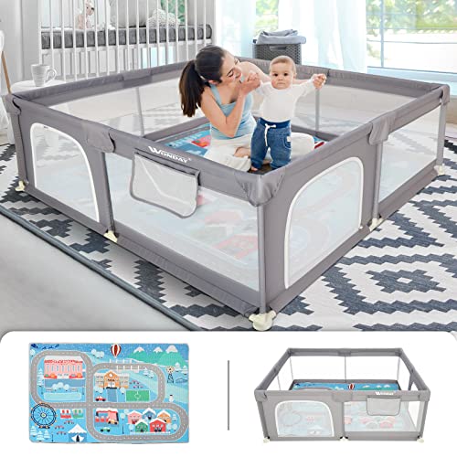 Baby Playpen with Mat, Large Playpen For Babies and Toddlers, 71″L x 59″W x 25.5″D Baby Fence Play Area with Playmat, 360° Visible Playard for Baby, Indoor Extra Large Baby Playpen for Infants Age 1-3