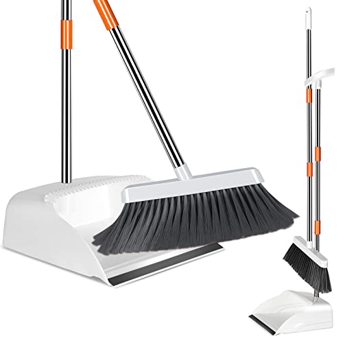 Broom and Dustpan Set,Upright Standing Dust Pans with 54″ Stainless Steel Long Handle,Dustpan and Broom Combo for Home Kitchen Office Lobby Floor Cleaning,Outdoor/Indoor Household Brooms-White+Orange