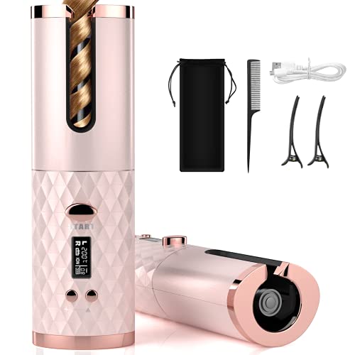 Automatic Curling Iron, Cordless Rotating Curling Wand with 6 Temperature & Timer Setting, De-Tangling & Scalding, Rechargeable Ceramic Barrel Hair Curler Fast Heating with Dual Voltage, Auto Shut Off