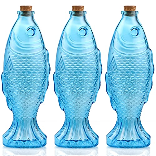 MDLUU 3-Pack Fish Shaped Glass Bottles, Decorative Bottles with Cork Stopper, Fish Decanters for Gift, Bar, Home Decor, Capacity 500ml/17.5oz (Blue)