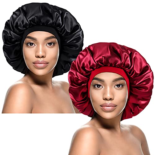 Kenllas Silk Satin Bonnet for Women – 2 PCS Extra Large Caps for Long Frizzy Curly Dreadlock Braid Hair (Black & Red)