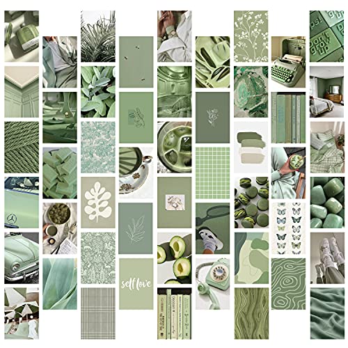 PANTIDE 50Pcs Sage Green Matcha Aesthetic Wall Collage Kit Poster Photo Dorm Trendy Cottagecore Wall Art Print Colorful Pictures Collage Avocado Green Room Bedroom Decor for Teen Girls Boys, 4×6 Inch