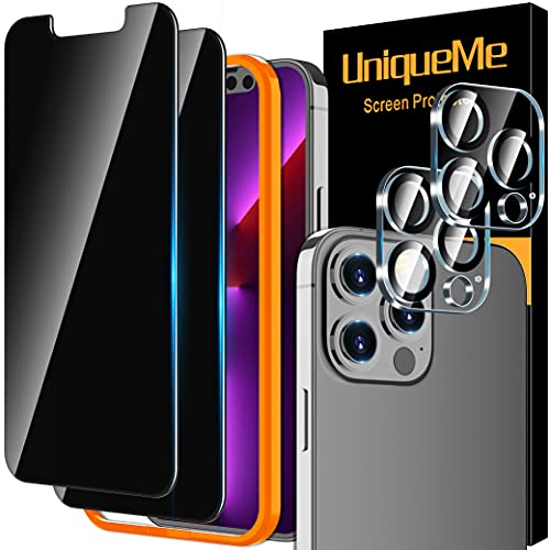 UniqueMe [2+2 Pack] Compatible with iPhone 13 Pro Max 6.7 inch Privacy Screen Protector Tempered Glass and Camera Lens Protector, Anti Spy [Easy Installation Frame] Bubble Free Case Friendly Black