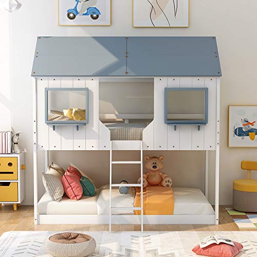 SOFTSEA Twin Over Twin House Bunk Beds for Kids, Floor Bunk Bed with 2 Front Windows, Roofs and Guardrail for Kids Teens (White Floor Bunk)