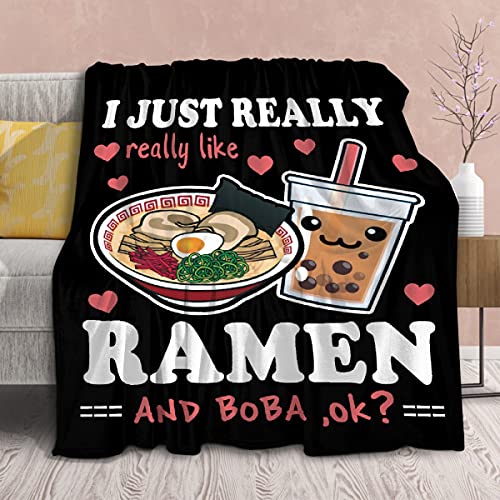 Ramen Boba Blanket Anime Fleece Throws, Kawaii Gift for Girls Teen Loves Noodles Bubble Tea 40×50 Inches Super Soft Lightweight Flannel Blankets, Suitable for All-Season and Bed Sofa