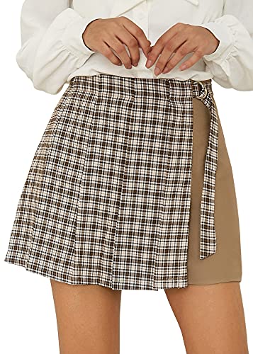 Women’s Plaid Pleated Mini Skirt High Waist A Line Skirt Zipper Side Tennis Skirt Khaki M