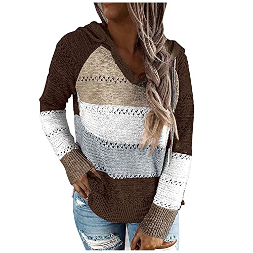 NokHom Womens V-Neck Hoodie Sweater Color Block Long Sleeve Hollow Out Casual Drawstring Hooded Pullover Sweatshirt Tops Brown