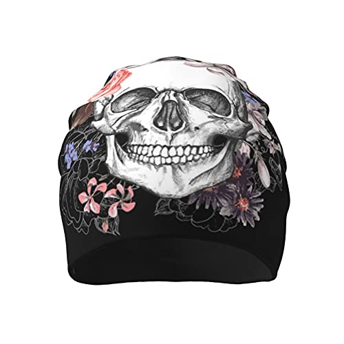 Halloween Pink Floral Skull Flower Funny Beanie Hats for Men Women Workout Wave Sleep Soft Knit Skull Cap Cycling Multifunctional Headwear Winter