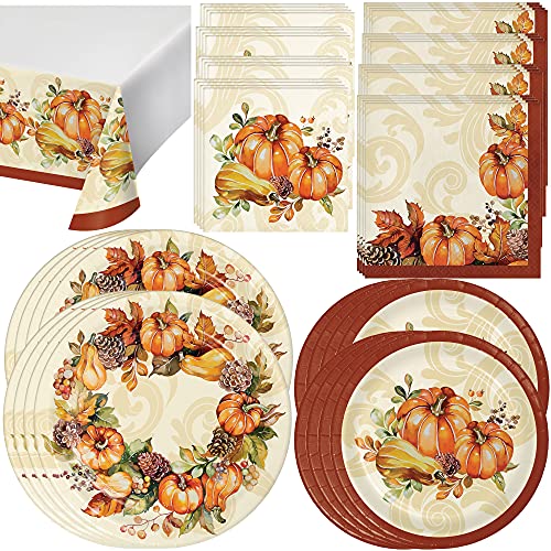 Creative Converting Autumn Wreath Dinnerware Party Bundle | Dinner & Dessert Plates, Luncheon & Beverage Napkins, Table Cover | Thanksgiving Family Dinner, Pumpkins, Cornucopia, Disposable