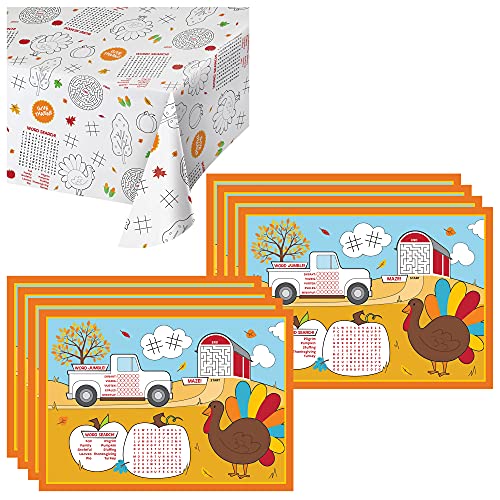 Creative Converting Thanksgiving Placemats and Table Cover Party Bundle | 8 Count Kids Coloring Activity Bundle for Table at Family Dinners