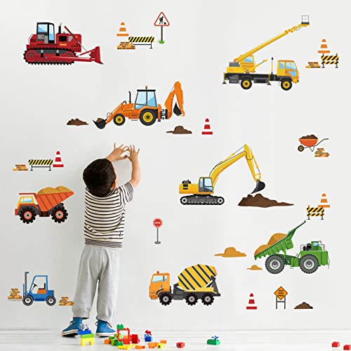 decalmile Construction Vehicles Wall Decals Tractor Excavator Crane Wall Stickers Kids Bedroom Boys Room Playroom Wall Decor