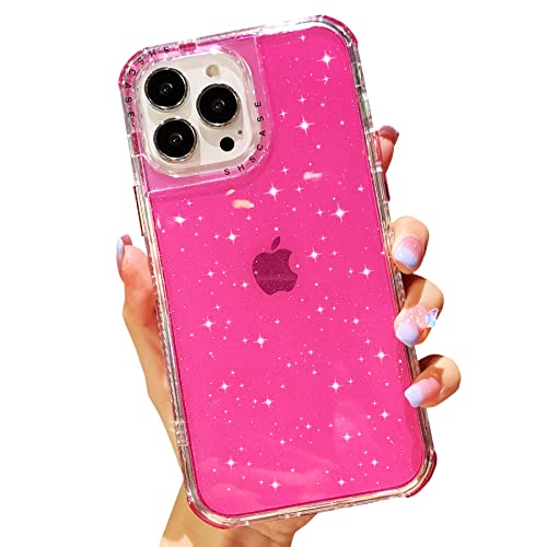 OWLSTAR Compatible with iPhone 12 Pro Max 6.7 inch Case Cute Hot Pink Glitter Bling Design, Clear Bumper Shockproof Protective Phone Case for Women Girls