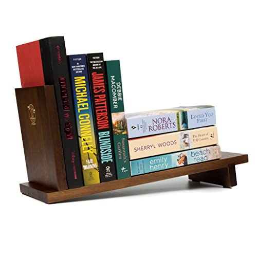 S&A WOODCRAFT Desktop Wood Bookshelf with Wooden Bookend, Acacia Desk Organizer Shelf and Display Rack with Book Ends, Storage Shelf Bookcase for Office, Home Decor, Kitchen Countertop, Walnut Brown