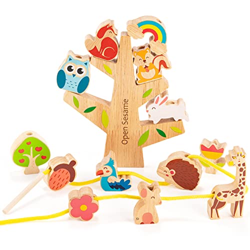 ONOW Wooden Animals Stacking Toys,Wooden Lacing Beads Preschool Toy,Wooden Blocks Stacking Toys for Toddlers 1-3, Wooden Rainbow Stacking Toy Montessori Toys for 2 Year Old Toys for Boys Gifts