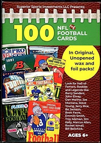 Superior Sports Investments LLC 100 NFL Football Cards in Original Unopened Wax and Foil Packs Blaster Box. Look for players such as Joe Montana, Barry Sanders, Brett Favre, Troy Aikman, John Elway, Bo Jackson, Emmitt Smith, Jerry Rice, Steve Young and ma
