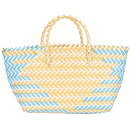 Cabilock Handmade Moroccan Market Basket Large Capacity French Wicker Basket Straw Beach Bag Vegetables Shopping Basket with Handle for Women Shopping Laundry Blue Yellow